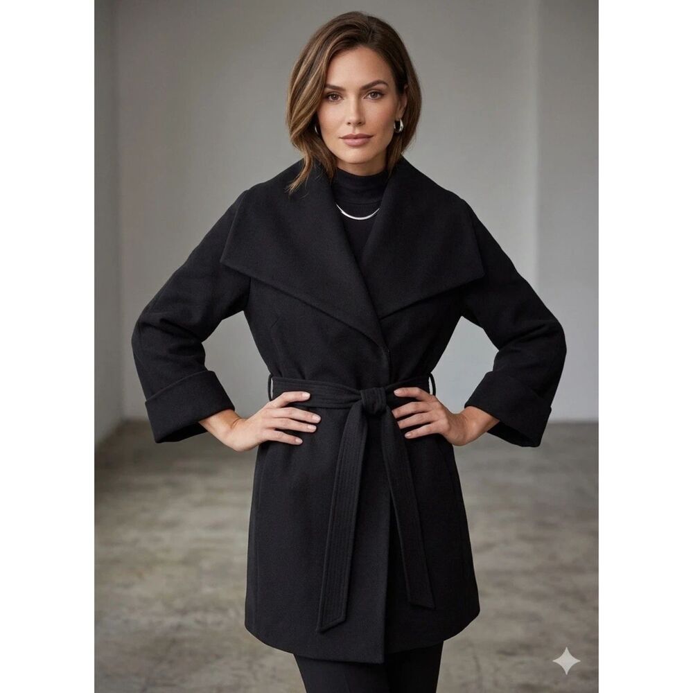 Tahari Coat Womens Large Riley Crepe Drape Neck Black Tie Belt Snap Close New